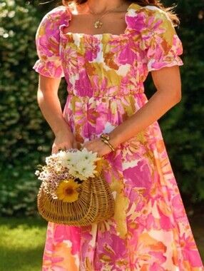 Floral Puff-Sleeve Midi Dress in Pink & Yellow
